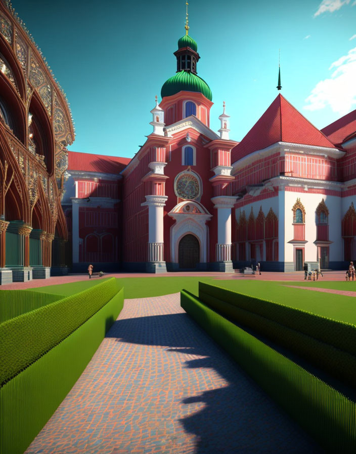 Vibrant 3D rendering of baroque-style palace with red and green hues