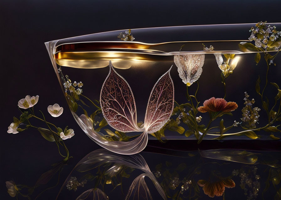 Transparent vessel with delicate vein-like patterns, halo of light, intricate flowers on dark background