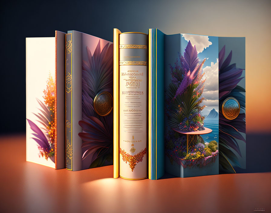 Colorful landscape spills from four ornate books standing upright