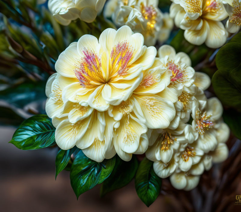 Cream-Colored Flower with Yellow and Pink Center in Close-Up Shot