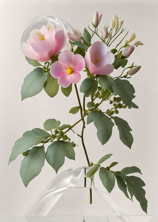 Digital illustration of pink blossoms in geometric vase