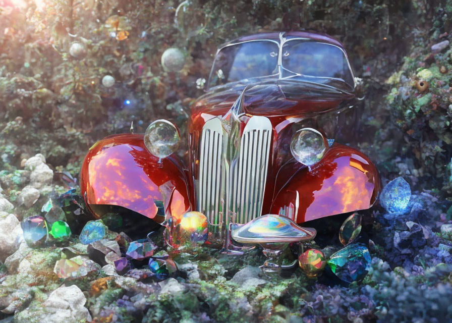 Vintage Red Car with Gleaming Chrome Details Surrounded by Colorful Gemstones