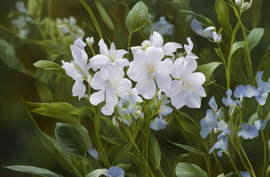 Delicate White Flowers with Prominent Stamens Among Blue Blossoms