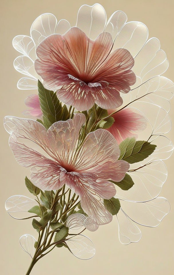 Pink Flowers with Translucent Petals on Beige Background