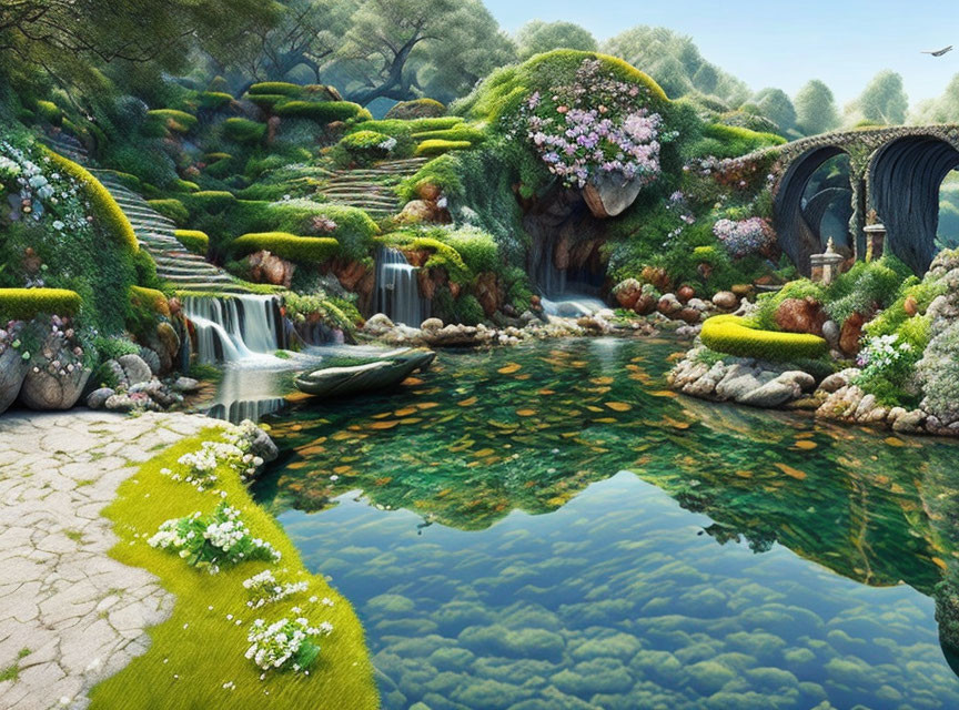 Tranquil fantasy landscape with lush greenery, waterfalls, pond, stone bridge, and wooden