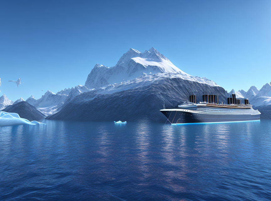 Luxury cruise ship on calm blue sea with icebergs and snowy peaks