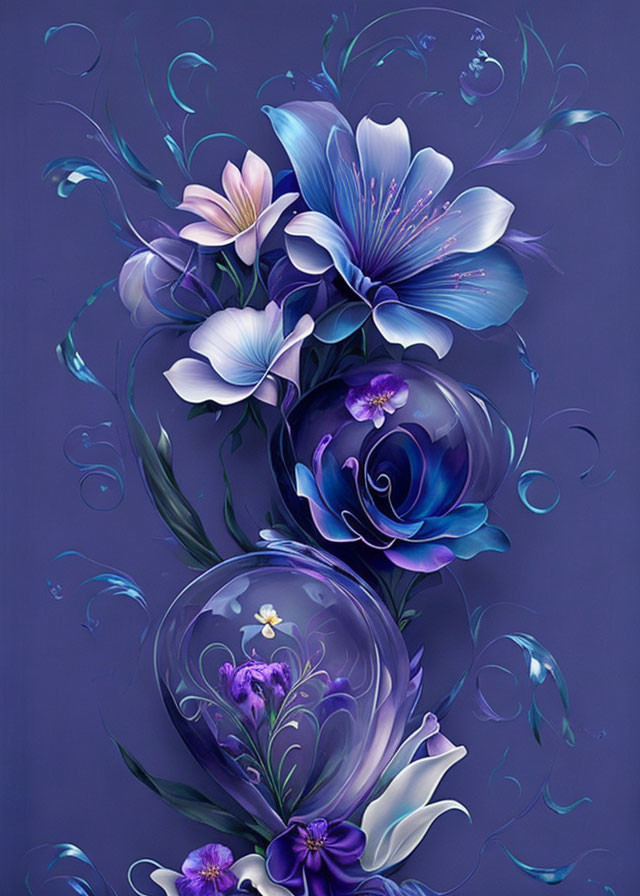 Stylized purple and blue flowers on violet background