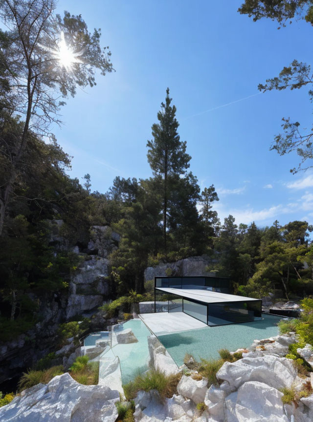 Glass house in rocky terrain with pine trees under clear sky