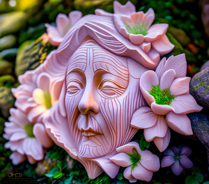Carved wooden face surrounded by blooming flowers and greenery