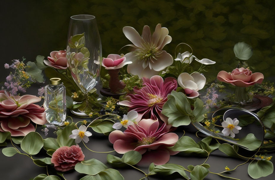 Vibrant floral still-life with glassware on dark backdrop