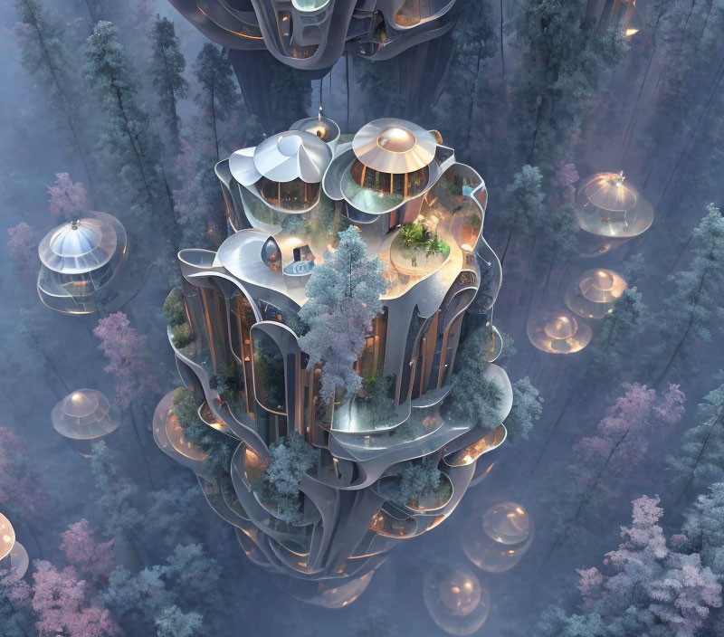 Spherical futuristic treehouse in forest canopies at twilight