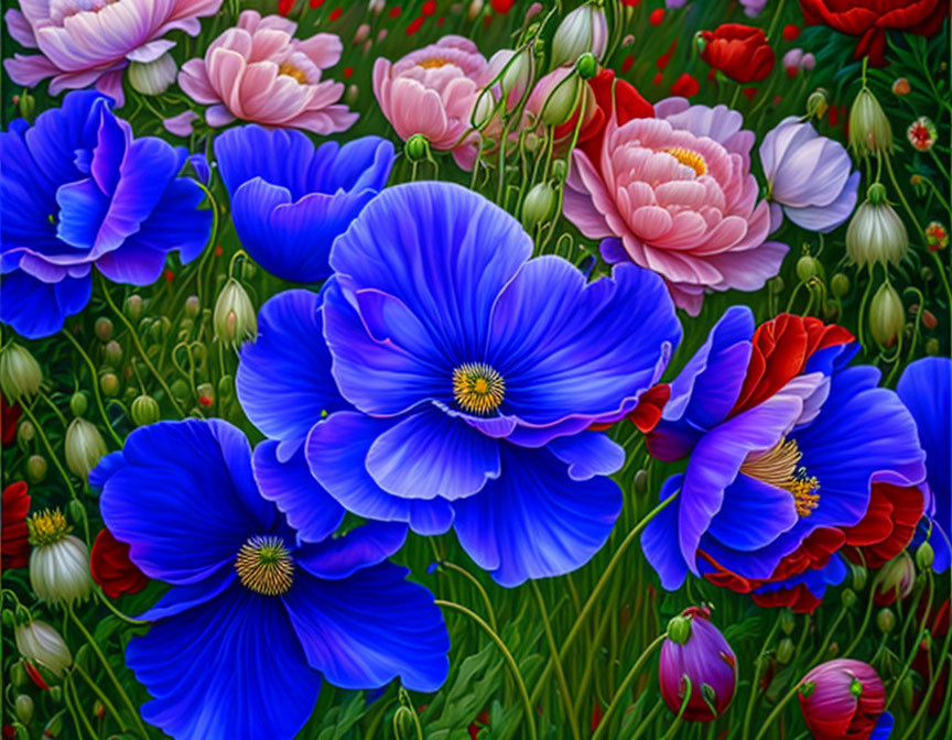 Detailed Floral Scene with Vibrant Blue and Pink Flowers