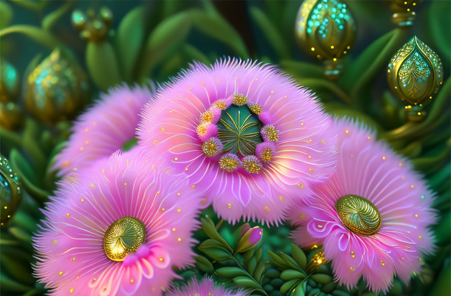 Surreal pink flowers with golden patterns in vibrant digital art