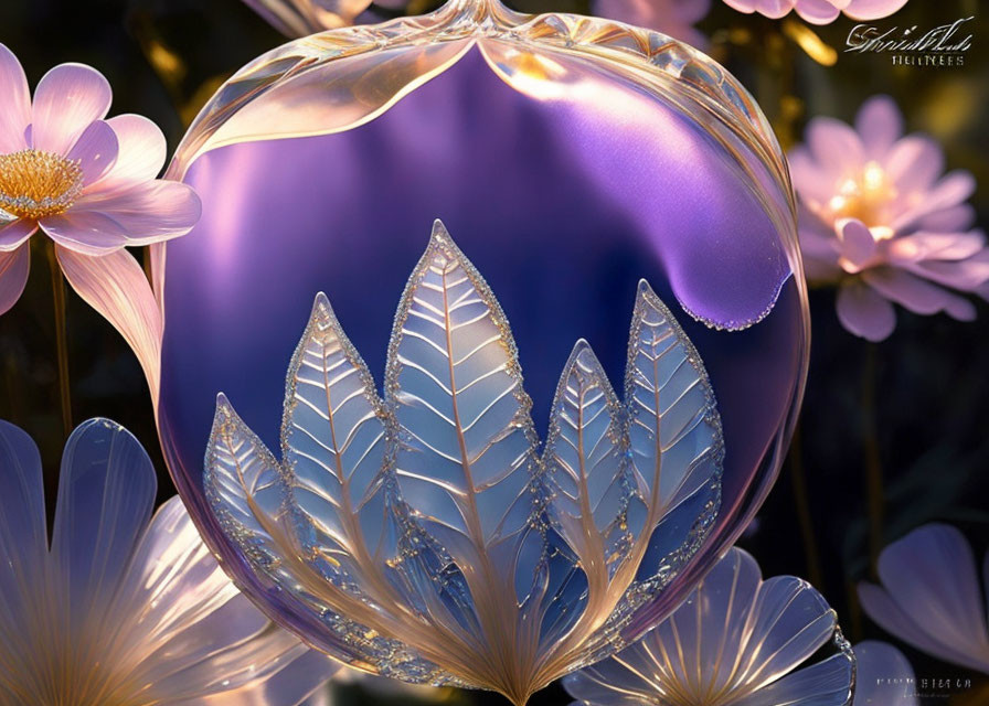 Blue Christmas bauble with gold and white leaf patterns among pink-white flowers