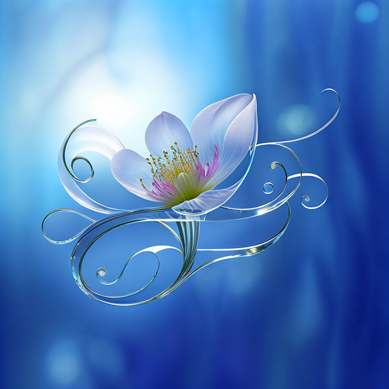 Ethereal white flower digital illustration on soft blue bokeh background
