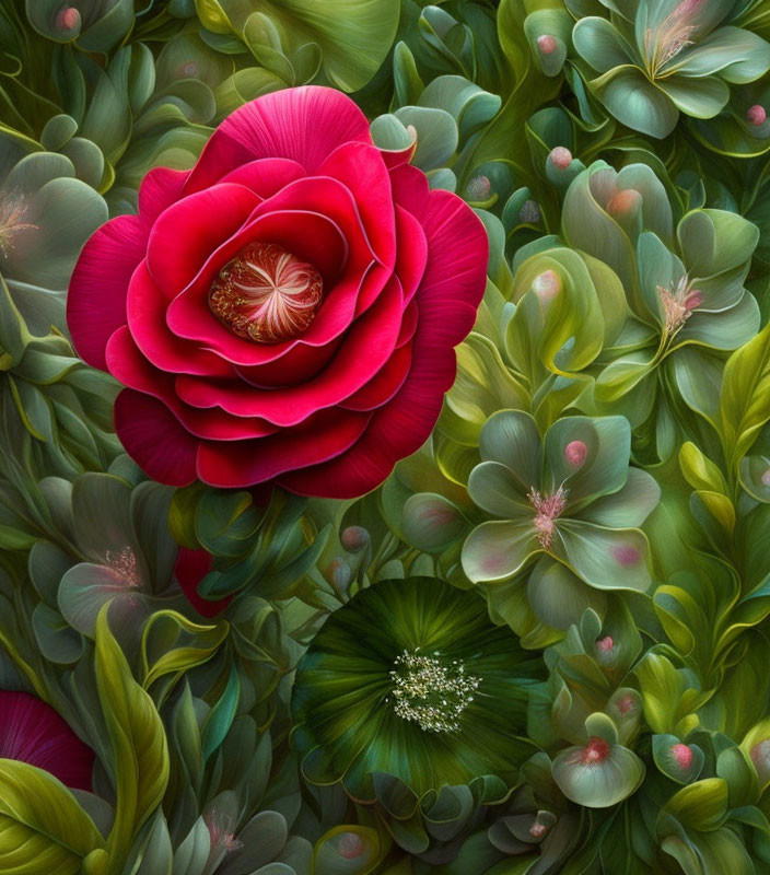 Vibrant red flower with intricate petals in lush green foliage