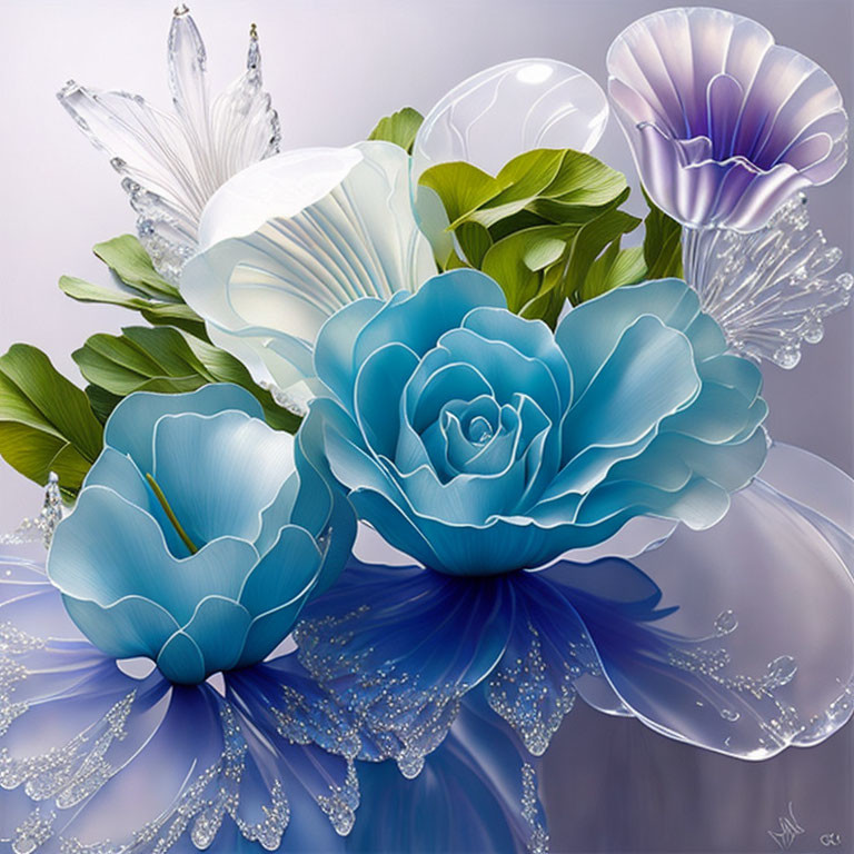 Vibrant blue flowers with translucent petals and dewdrops on muted background