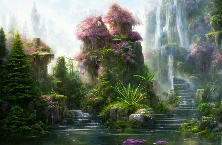 Scenic Landscape with Waterfalls, Flowering Trees, and Water Pond