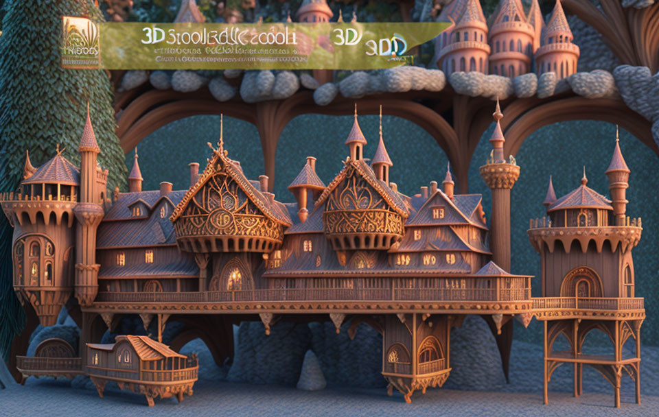 Fantasy castle with intricate spires in 3D render