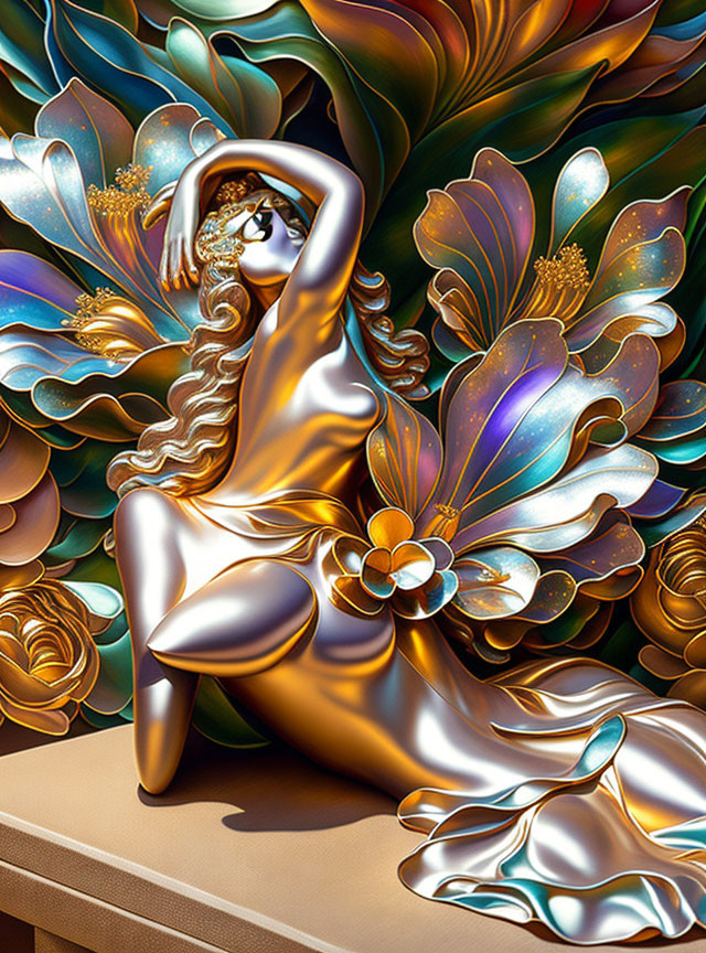 Colorful Metallic Illustration of Woman with Iridescent Floral Motifs