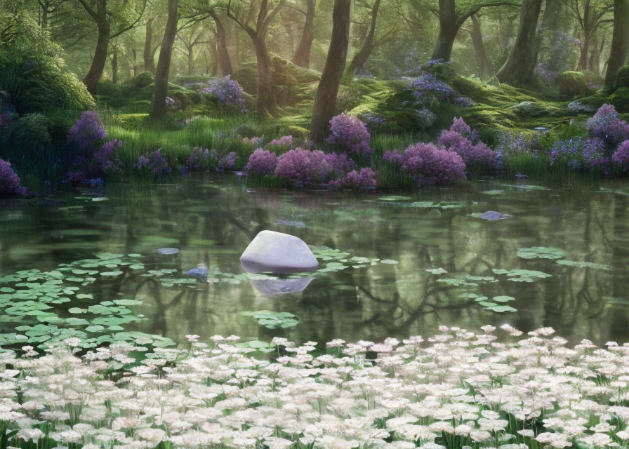 Tranquil woodland pond with lush greenery and blooming flowers