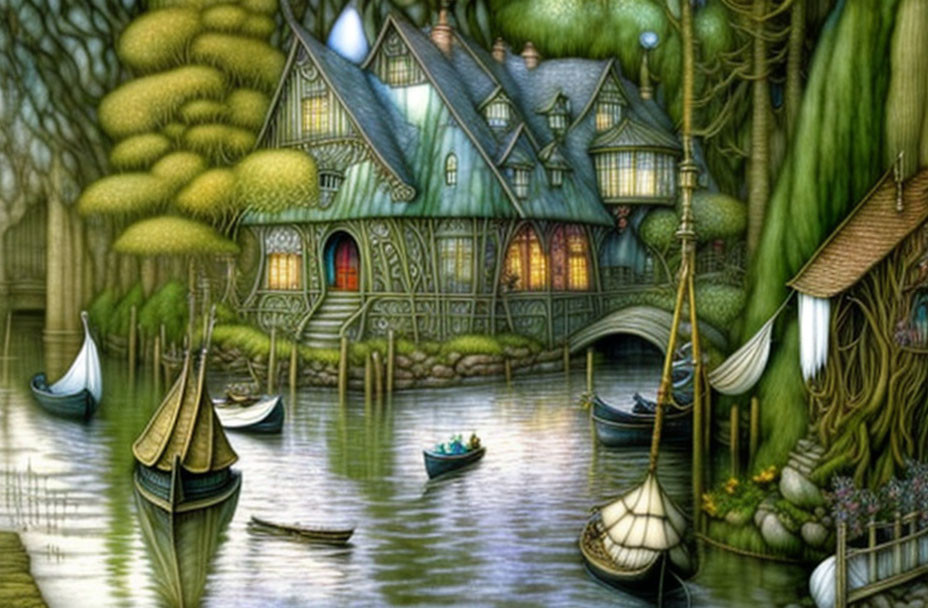 Fantasy cottage by river with boats and lush green trees