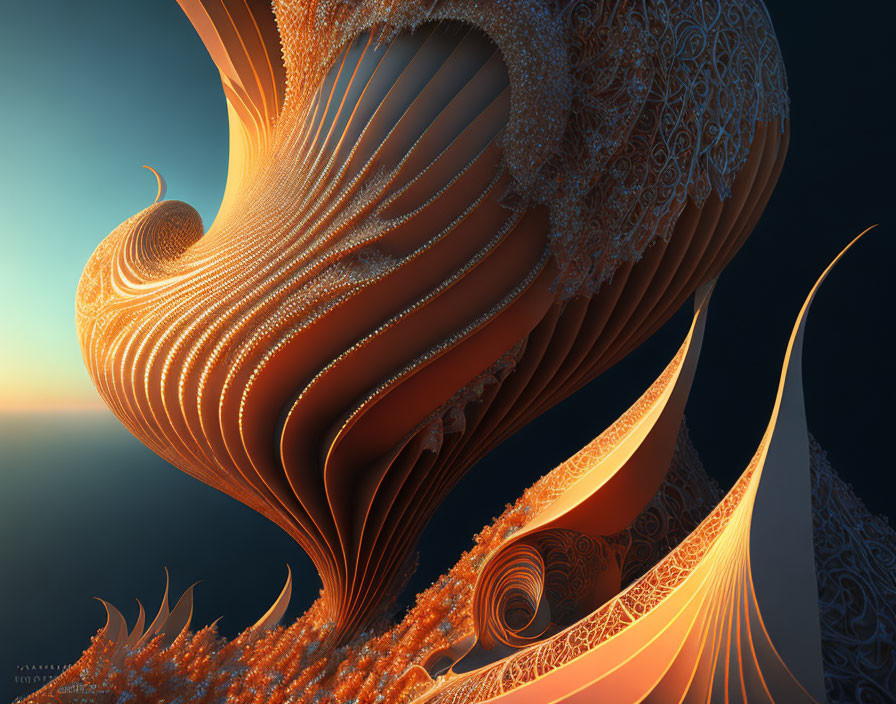 Intricate orange fractal design on blue gradient background
