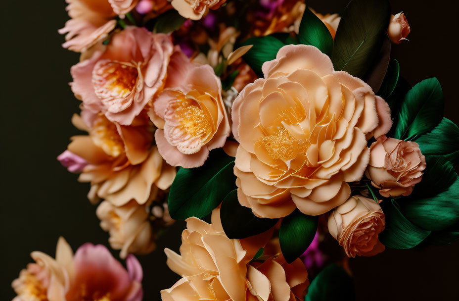 Peach-Colored Peonies Bouquet on Dark Background