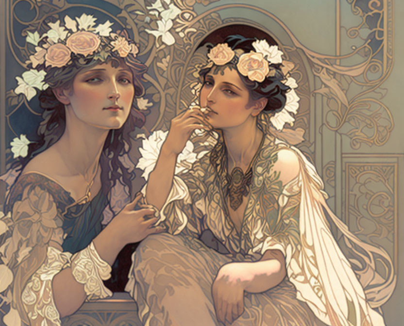 Two women with floral wreaths in Art Nouveau setting pose intimately.
