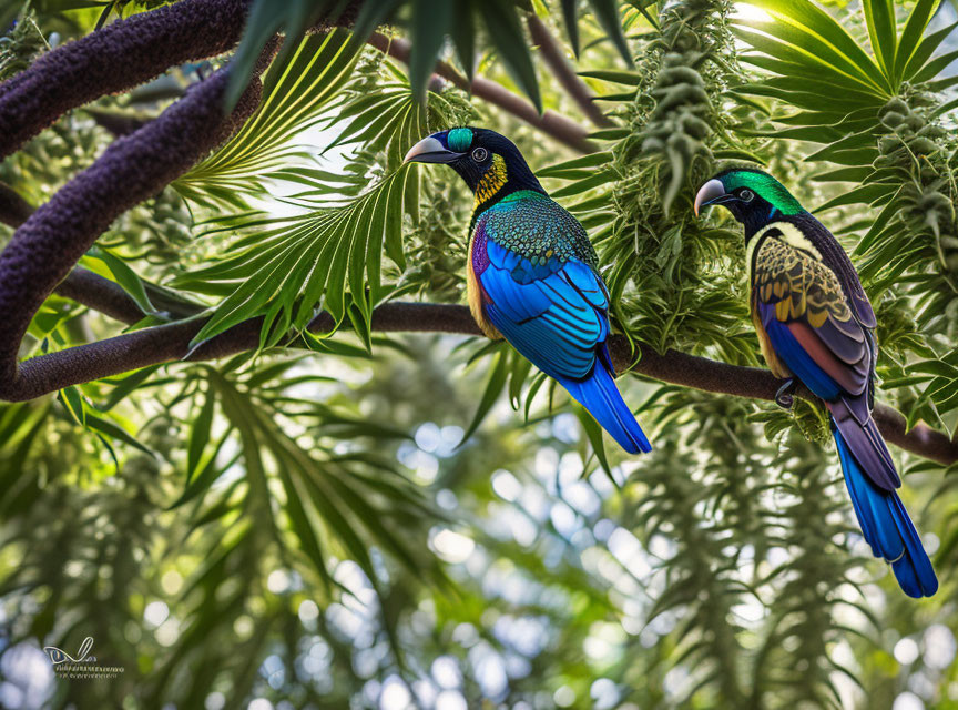 Colorful Birds Perched on Tropical Tree with Green Foliage
