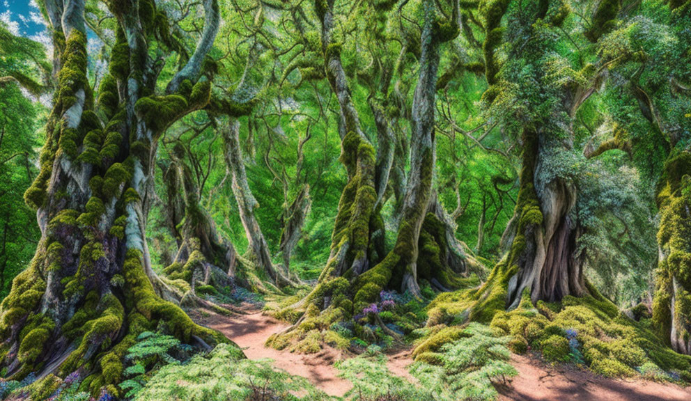 Enchanting forest path with ancient moss-covered trees