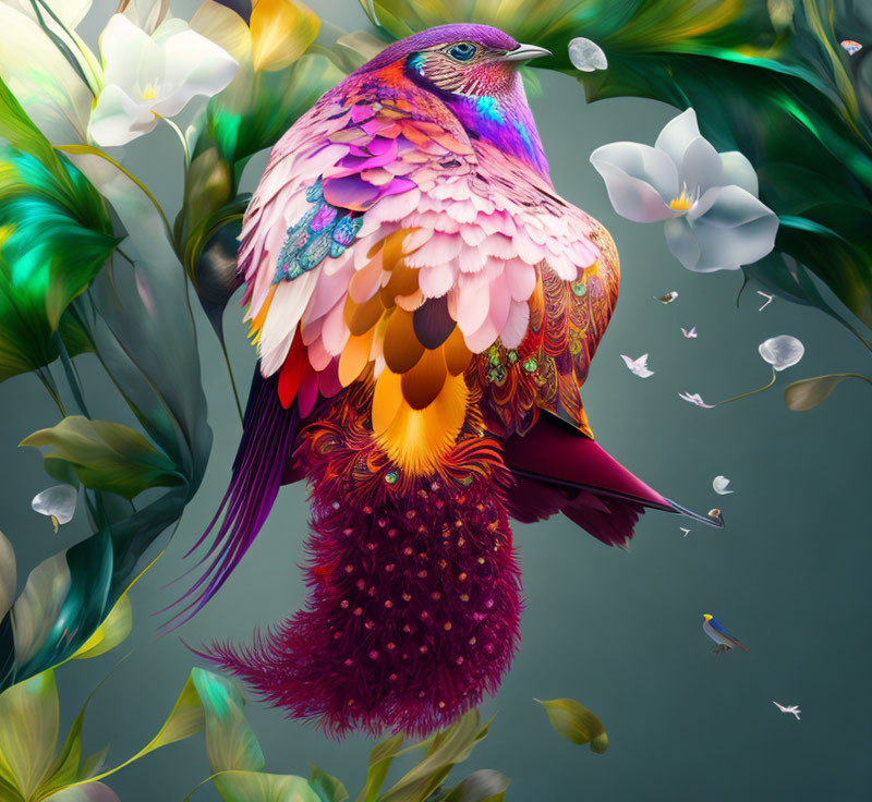 Colorful Bird with Intricate Feather Patterns Among Flowers and Insects