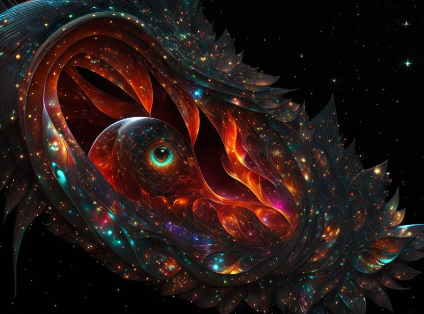 Colorful fractal art of fiery bird with eye in intricate patterns against starry space