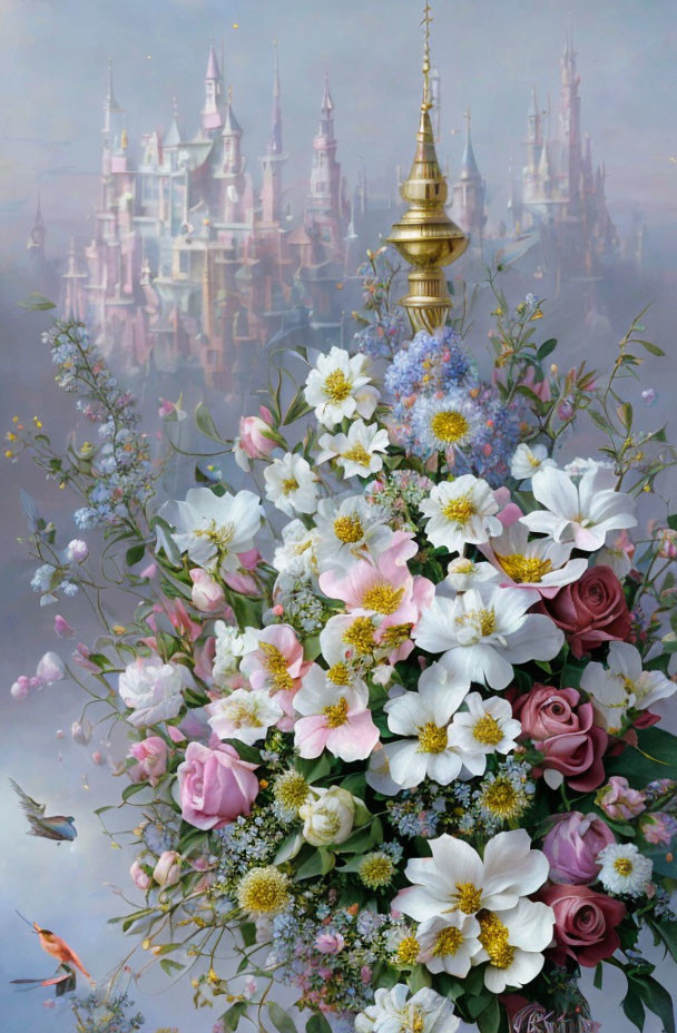 Colorful flower bouquet with fairytale castle in misty background