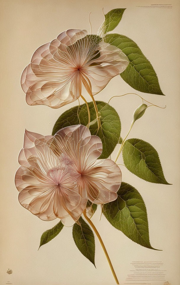 Botanical illustration of two intricate translucent flowers with green leaves on cream background