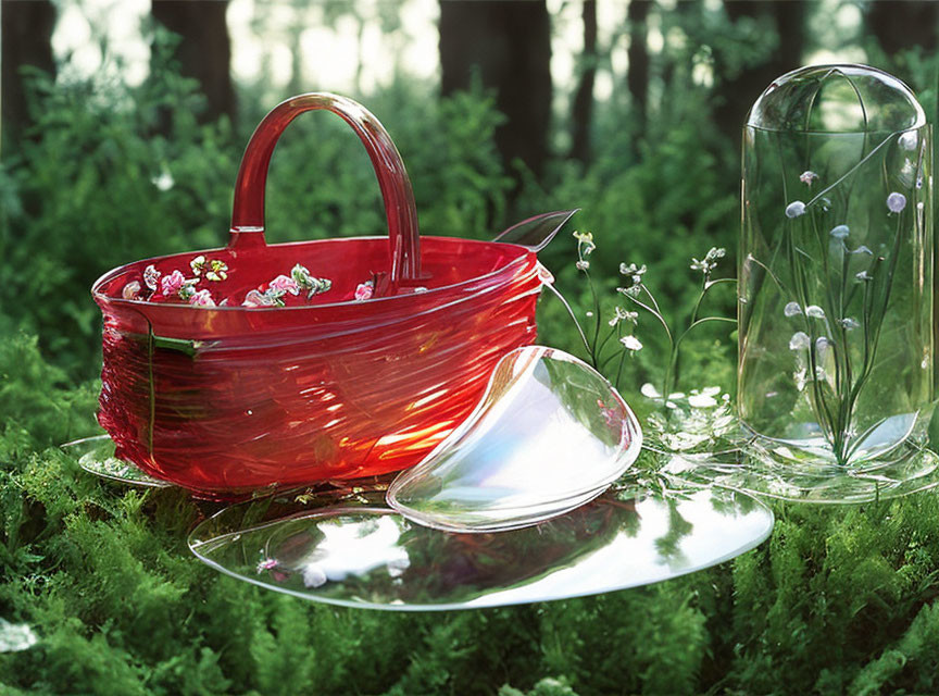 Red semi-transparent picnic basket, glass bell jar, and metal plate in mossy forest scene