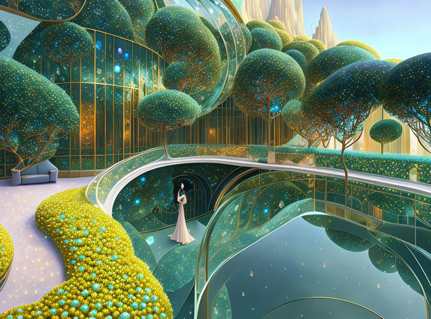 Woman in dress on futuristic balcony with luminous trees and glass domes in fantastical landscape