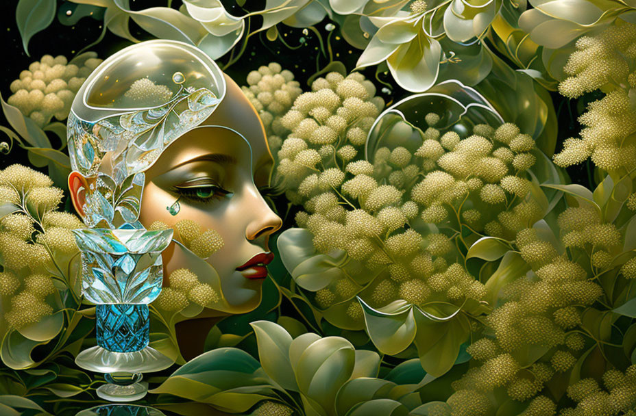 Surreal illustration: woman's head merges with goblet, crystal ship sailing inside.