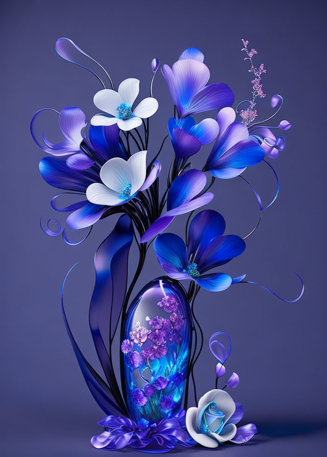 Stylized digital artwork: Vibrant blue and purple flowers on dark background