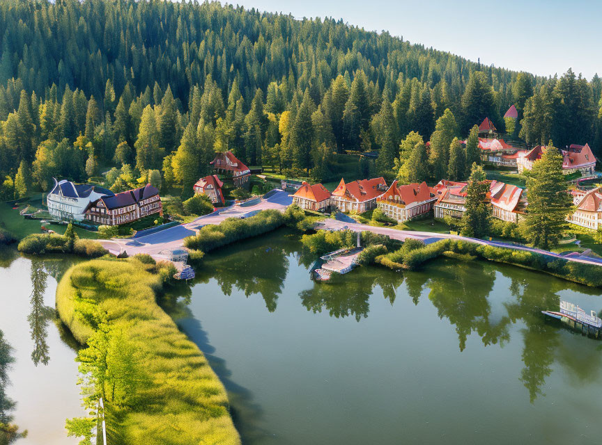 Tranquil lakeside village in forested landscape