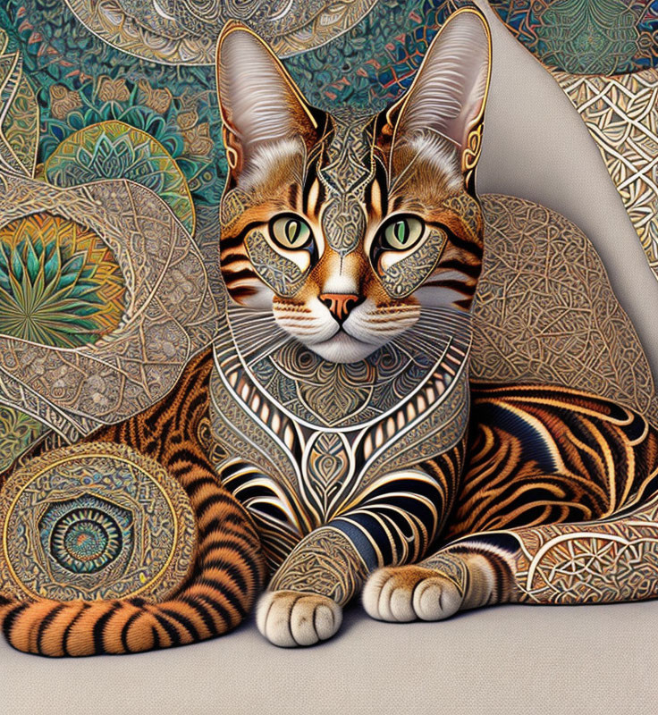 Detailed Ornate Cat Illustration with Intricate Patterns and Textures