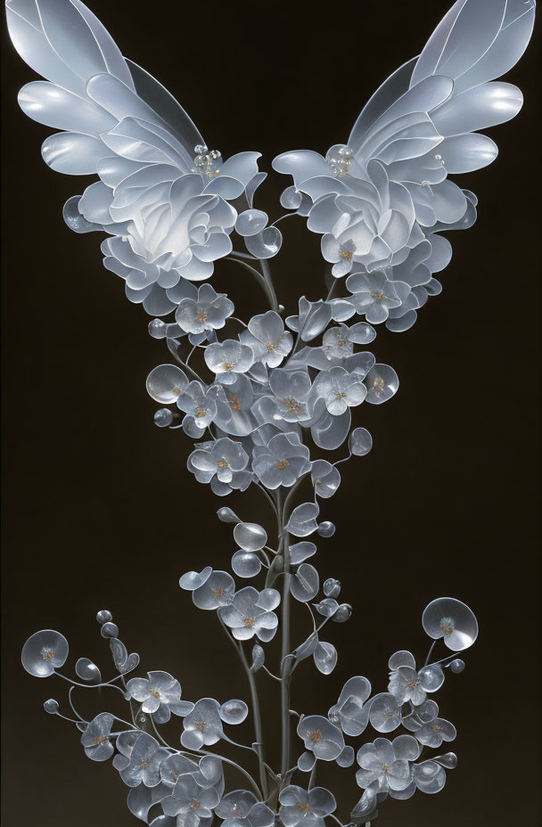 Translucent floral and butterfly art installation on dark background