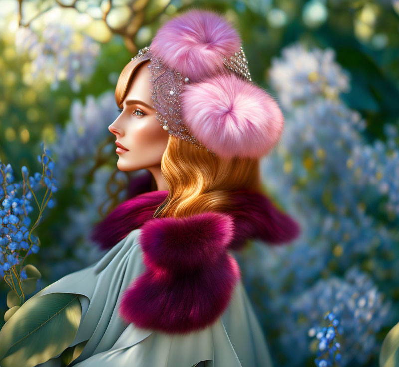 Illustration of woman with golden hair in pink fur hat and wrap among greenery and blue flowers