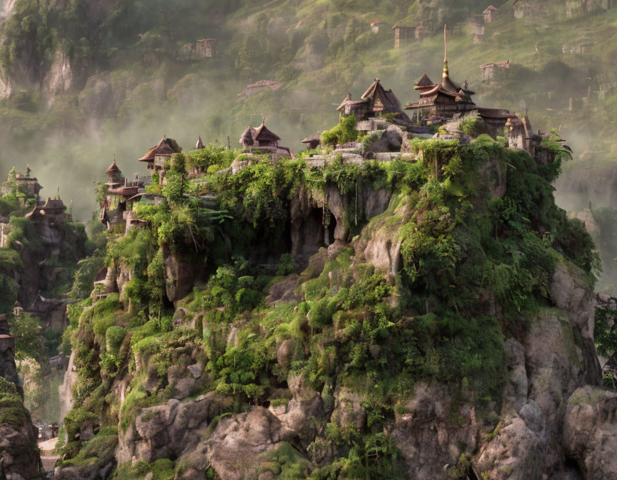 Mystical hilltop with ancient-style buildings in misty setting
