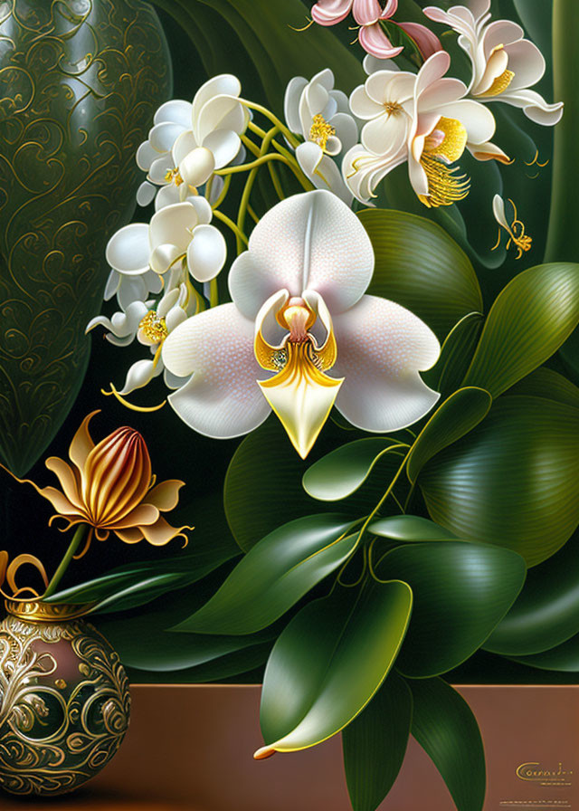 Detailed Painting of White, Pink, and Yellow Orchids in Decorative Vase