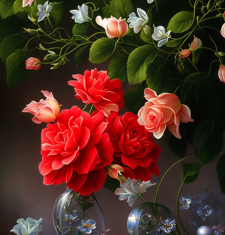 Colorful floral arrangement with bubbles on dark background