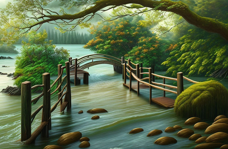 Tranquil woodland scene with flowing river and wooden bridge