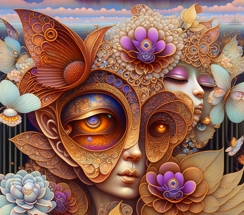 Detailed surreal face illustration with vibrant floral patterns