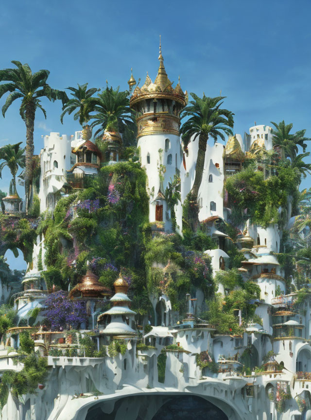 White Castle with Greenery and Golden Domes in a Clear Sky