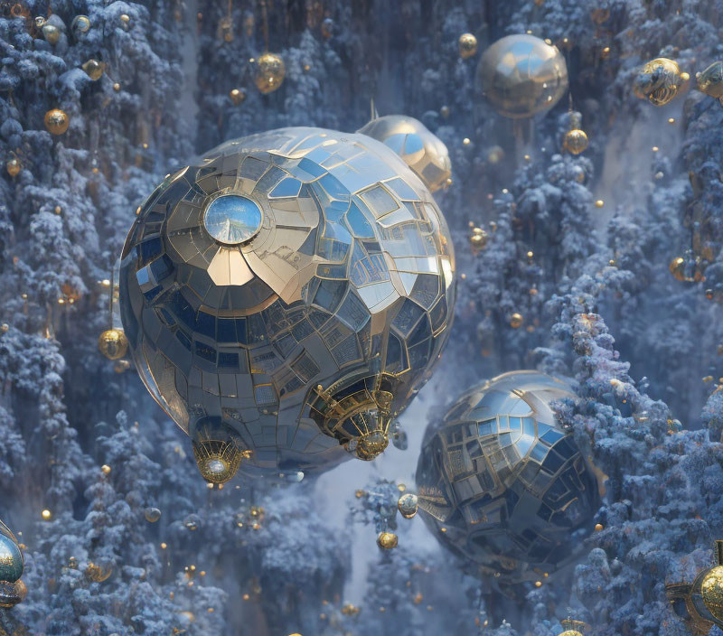Snow-covered forest reflected in mirror-finish spheres